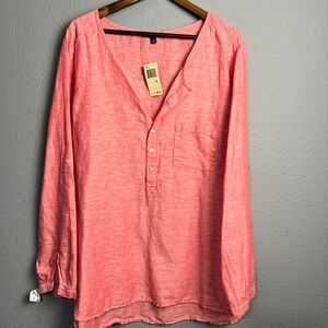 Max Edition Linen Blend Lagenlook Minimalist Coastal Button Up Shirt Coral XL